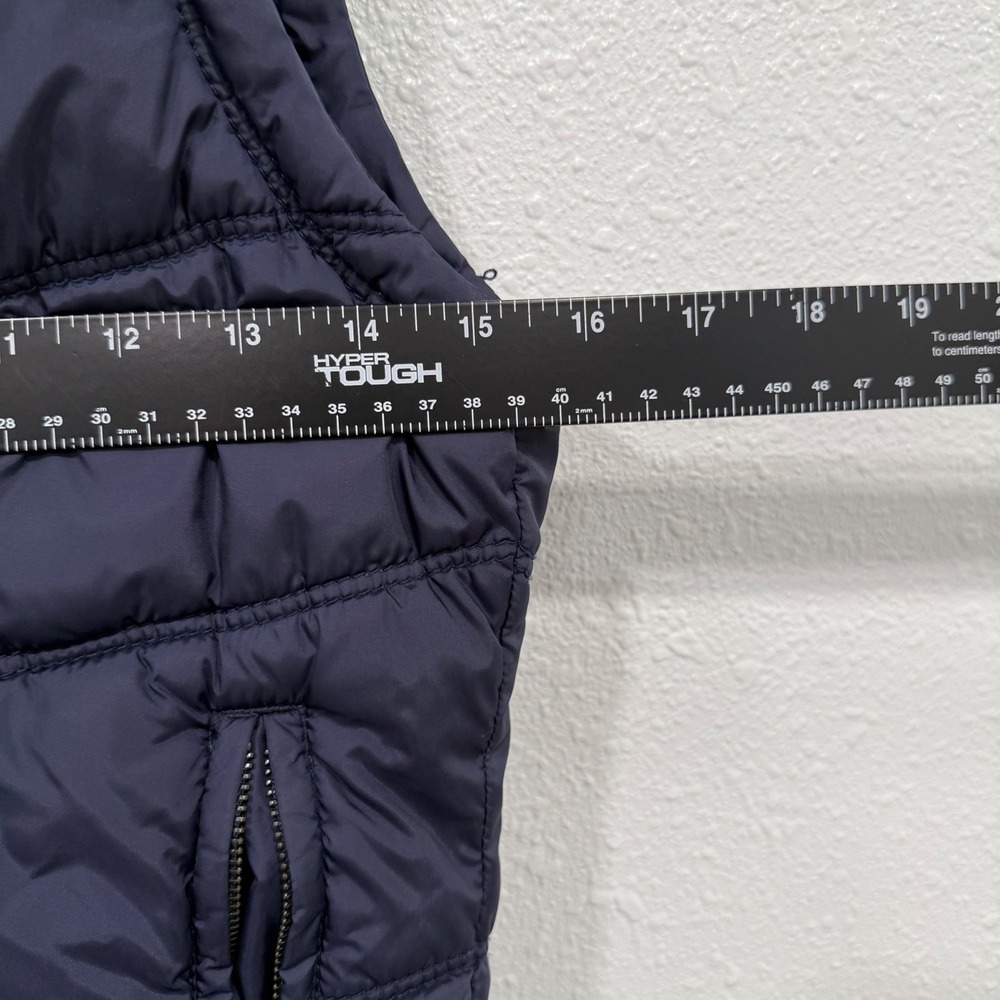 American Eagle Outfitters Navy Blue Puffer Vest Faux Fur Hood Plaid Lining S/P - Picture 6 of 8